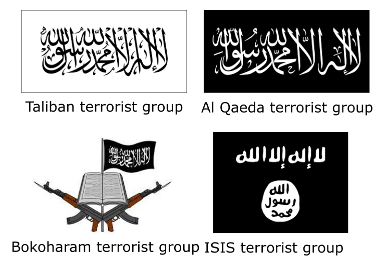 Flags of 4 Terrorist Groups: Taliban, Al-Qaeda, ISIS and Boko Haram 